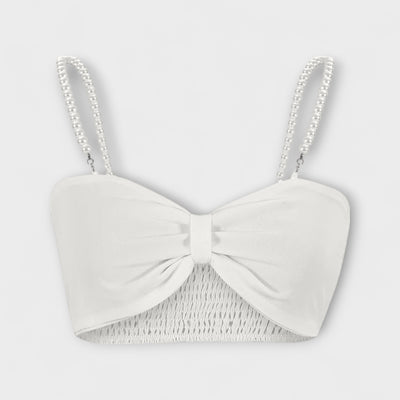 Evangeline - Weiße Faltenbluse mit weiter Hose und Cardigan