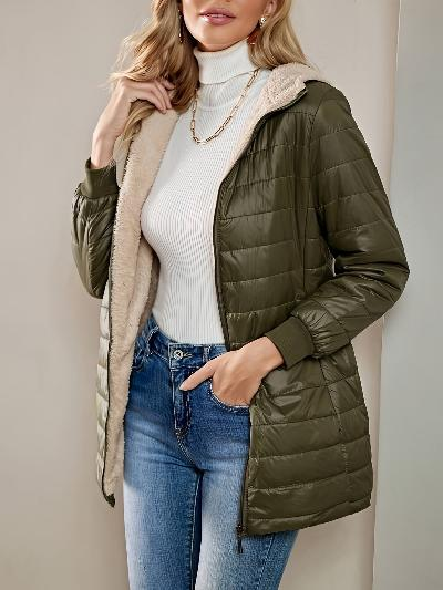 Ida | Damen Lange Steppjacke mit Fleecefutter, Relaxed Fit, Rippbündchen & Reißverschluss