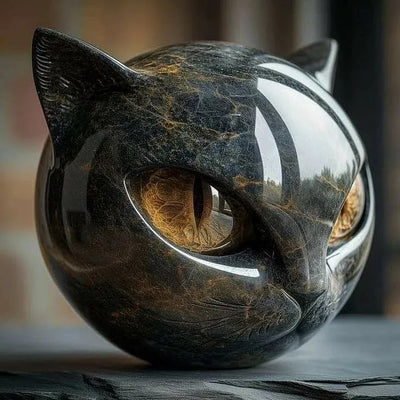 Mystische Schwarze Katzenkopf Skulptur
