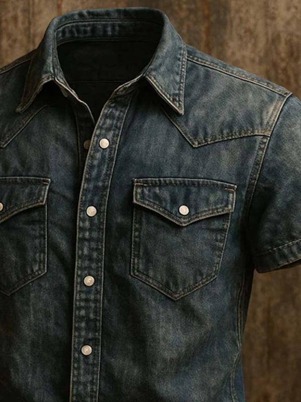 Herren Vintage Twillhemd Mit Zwei Taschen Und Kurzen Ärmeln Im Gebrauchter Look