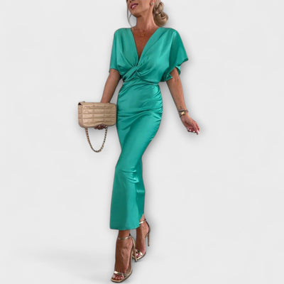 Sable - Solides Satin V-Ausschnitt Kreuzknoten Slim Fit Maxi Kleid