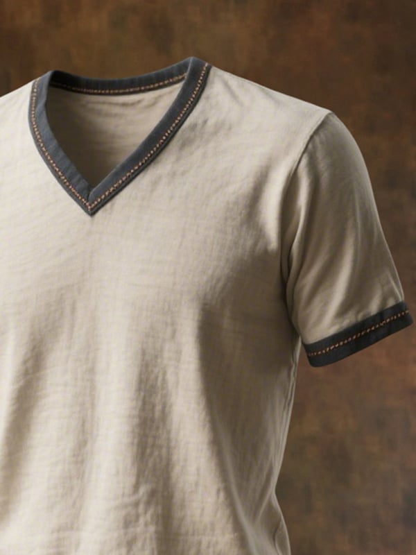 Herren Retro-T-Hemd Mit V-Ausschnitt Und Kurzen Ärmeln In Blockfarben