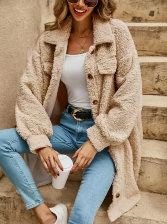 Waltraud | Damen Teddy-Mantel Oversized | Warm, Lässig & Buttoned