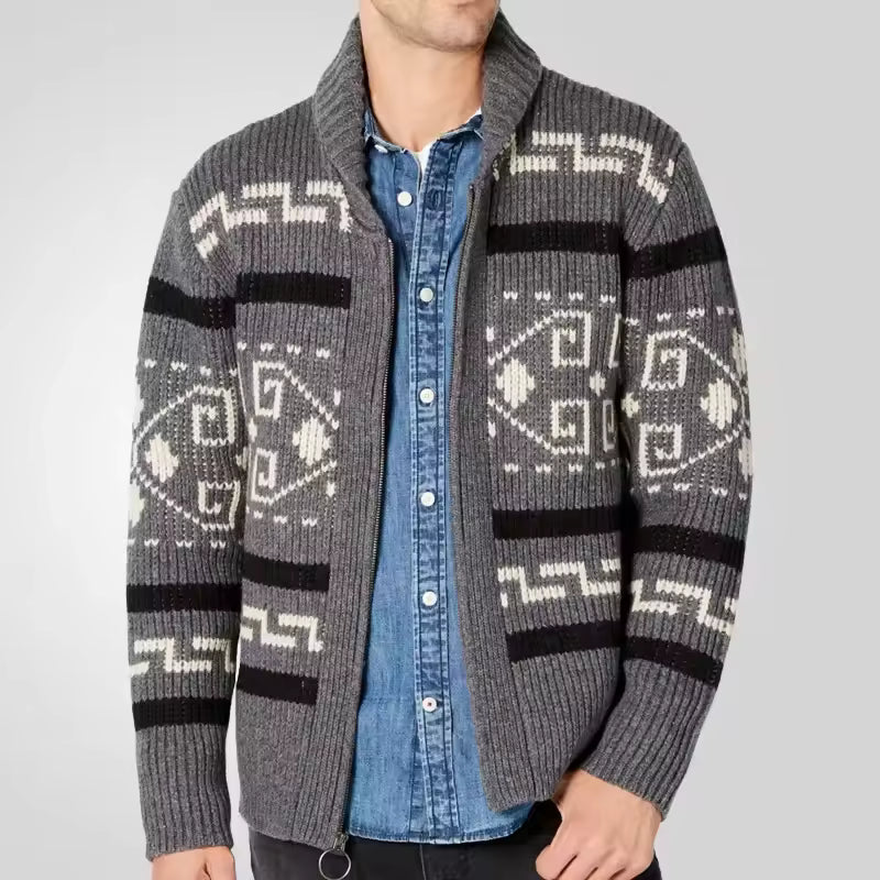 Ellington | Herren Strick Cardigan mit Tribal-Muster, Wollmix, Reißverschluss & Reverskragen