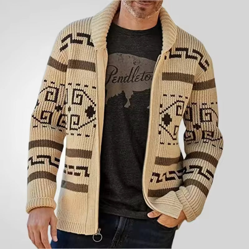 Ellington | Herren Strick Cardigan mit Tribal-Muster, Wollmix, Reißverschluss & Reverskragen