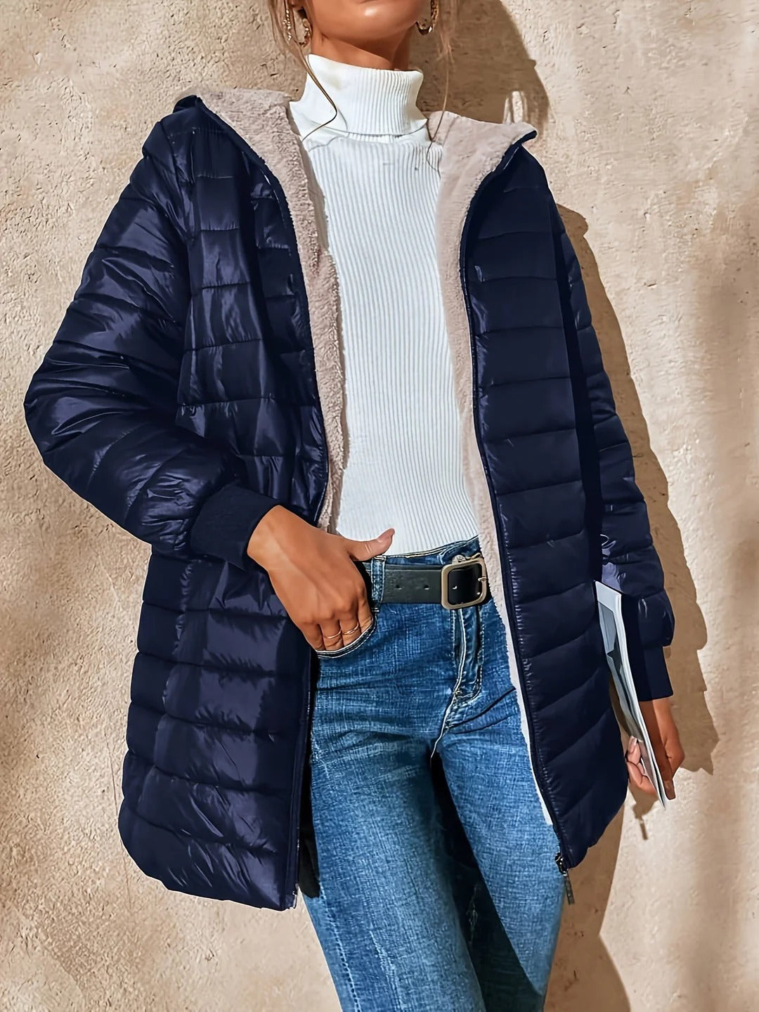 Ida | Damen Lange Steppjacke mit Fleecefutter, Relaxed Fit, Rippbündchen & Reißverschluss