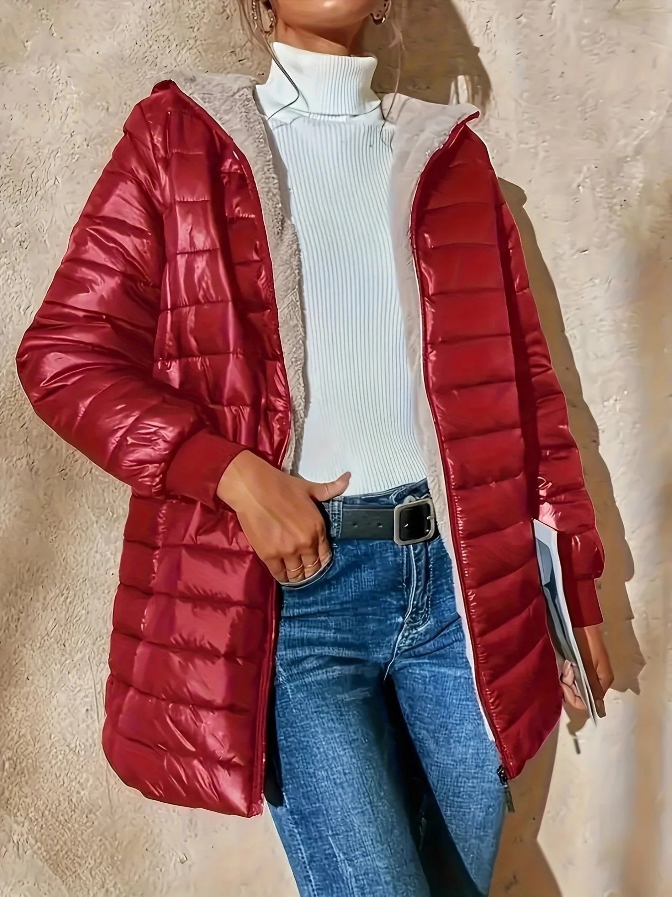 Ida | Damen Lange Steppjacke mit Fleecefutter, Relaxed Fit, Rippbündchen & Reißverschluss