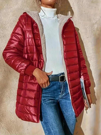 Ida | Damen Lange Steppjacke mit Fleecefutter, Relaxed Fit, Rippbündchen & Reißverschluss