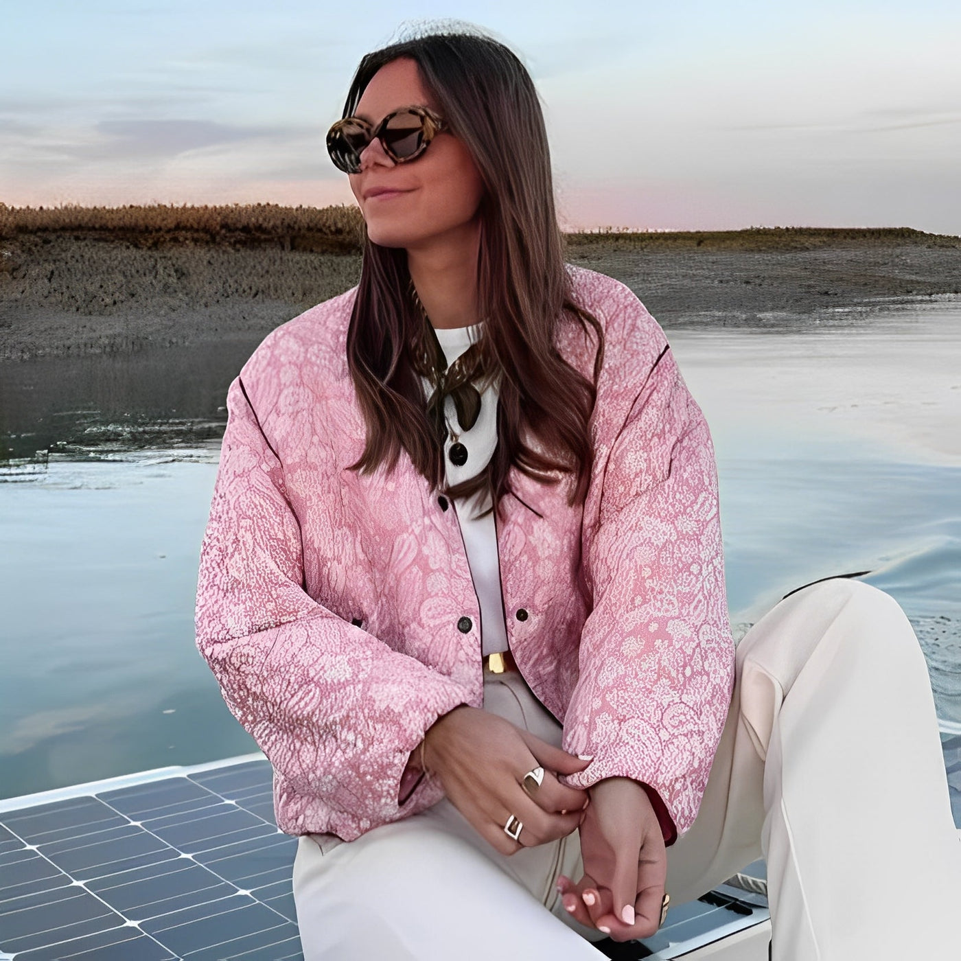 Damen Steppjacke Mit Blumenmuster In Rosa