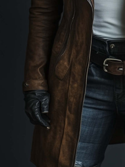 Damen Kunstledermantel Mit Reißverschluss Und Kunstpelzkragen Im Vintage-Stil