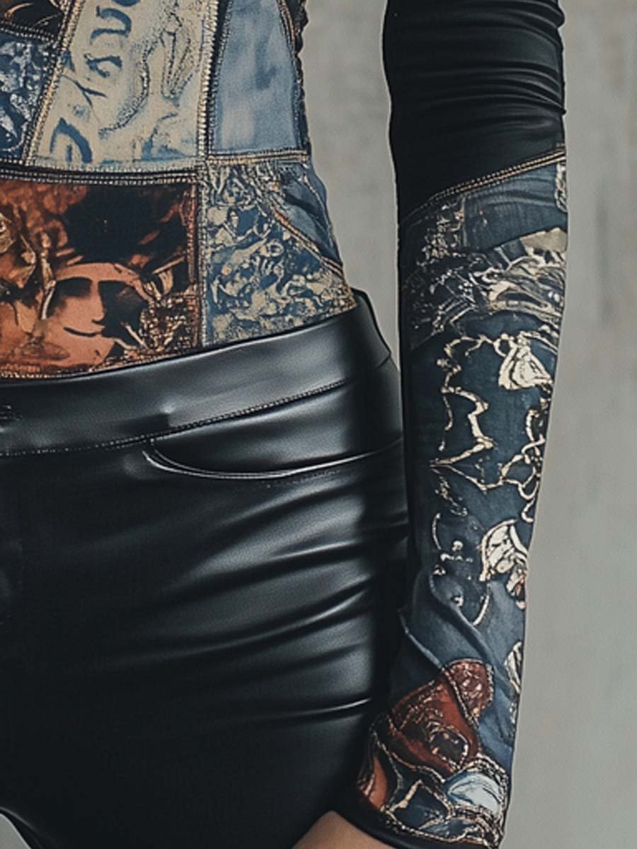 Damen Langarmshirt Mit Patchwork-Print Und Stehkragen