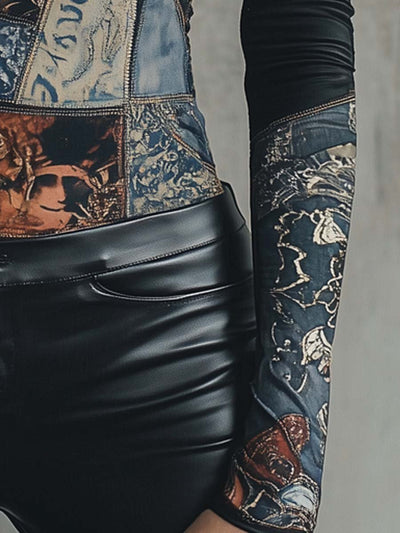 Damen Langarmshirt Mit Patchwork-Print Und Stehkragen