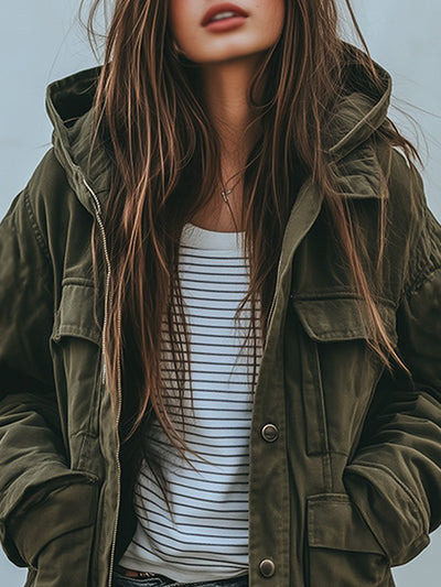 Damen Winddichte Arbeitsjacke Mit Kapuze Und Mehreren Taschen