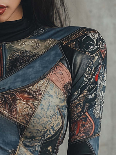 Damen Langarmshirt Mit Patchwork-Print Und Stehkragen