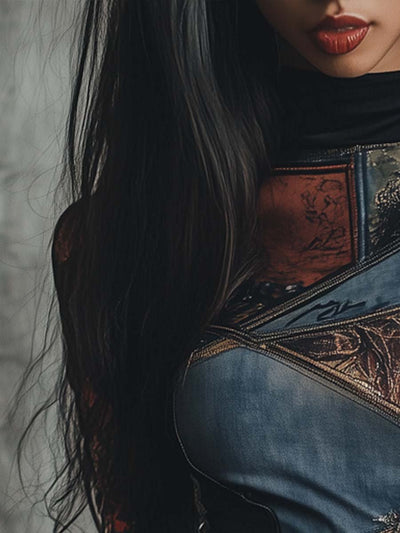 Damen Langarmshirt Mit Patchwork-Print Und Stehkragen