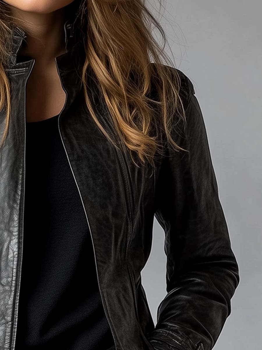 Damen Kunstlederjacke Mit Stehkragen Und Vintage-Design