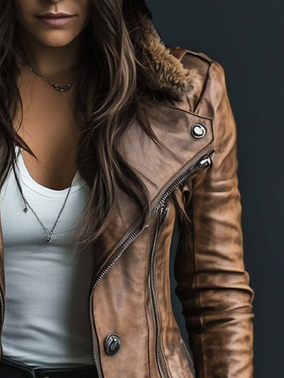 Damen Kunstledermantel Mit Reißverschluss Und Kunstpelzkragen Im Vintage-Stil