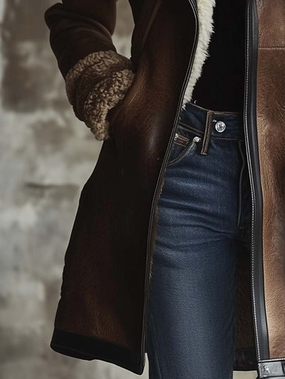 Damen Mantel Mit Kontrastkragen Und Vintage-Design