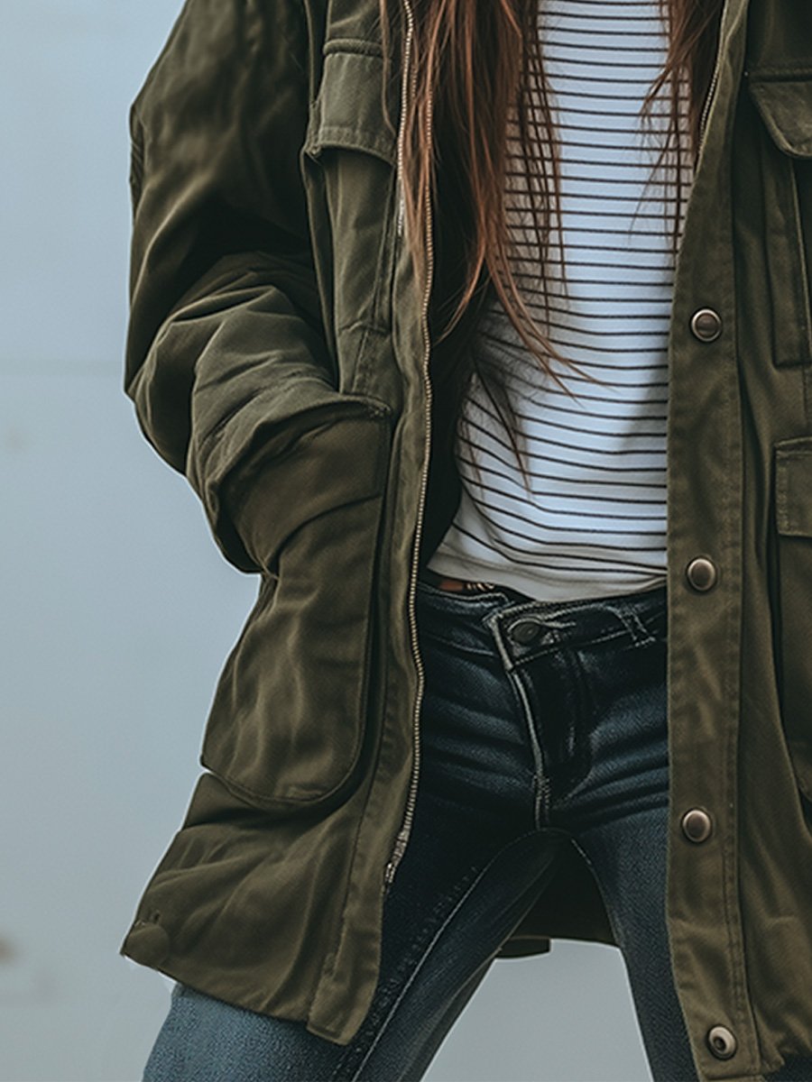 Damen Winddichte Arbeitsjacke Mit Kapuze Und Mehreren Taschen