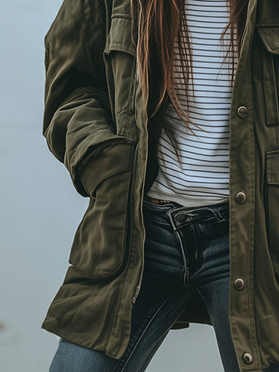 Damen Winddichte Arbeitsjacke Mit Kapuze Und Mehreren Taschen