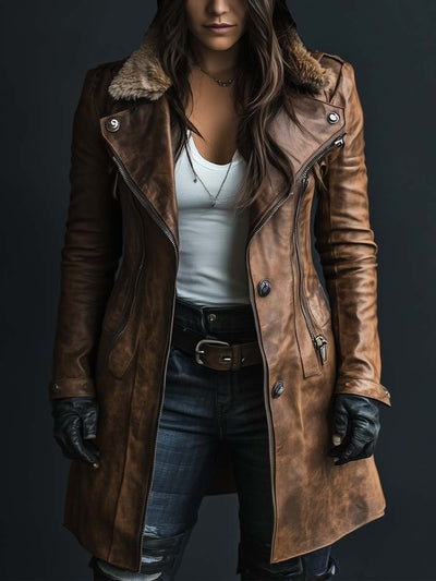 Damen Kunstledermantel Mit Reißverschluss Und Kunstpelzkragen Im Vintage-Stil