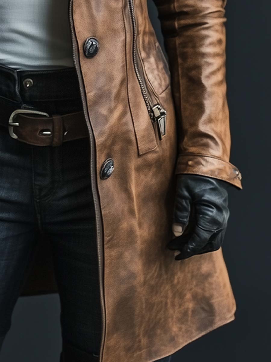 Damen Kunstledermantel Mit Reißverschluss Und Kunstpelzkragen Im Vintage-Stil