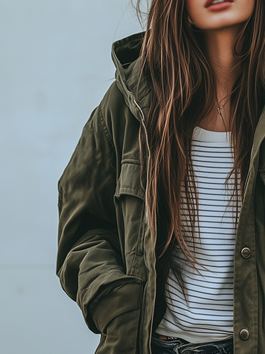 Damen Winddichte Arbeitsjacke Mit Kapuze Und Mehreren Taschen