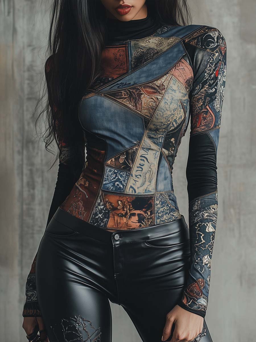 Damen Langarmshirt Mit Patchwork-Print Und Stehkragen
