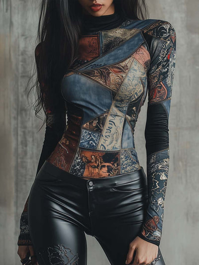 Damen Langarmshirt Mit Patchwork-Print Und Stehkragen
