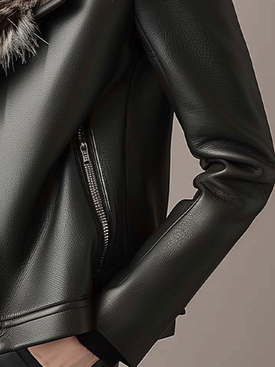 Damen Lederjacke Mit Pelzkragen Und Innenfutter