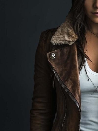 Damen Kunstledermantel Mit Reißverschluss Und Kunstpelzkragen Im Vintage-Stil