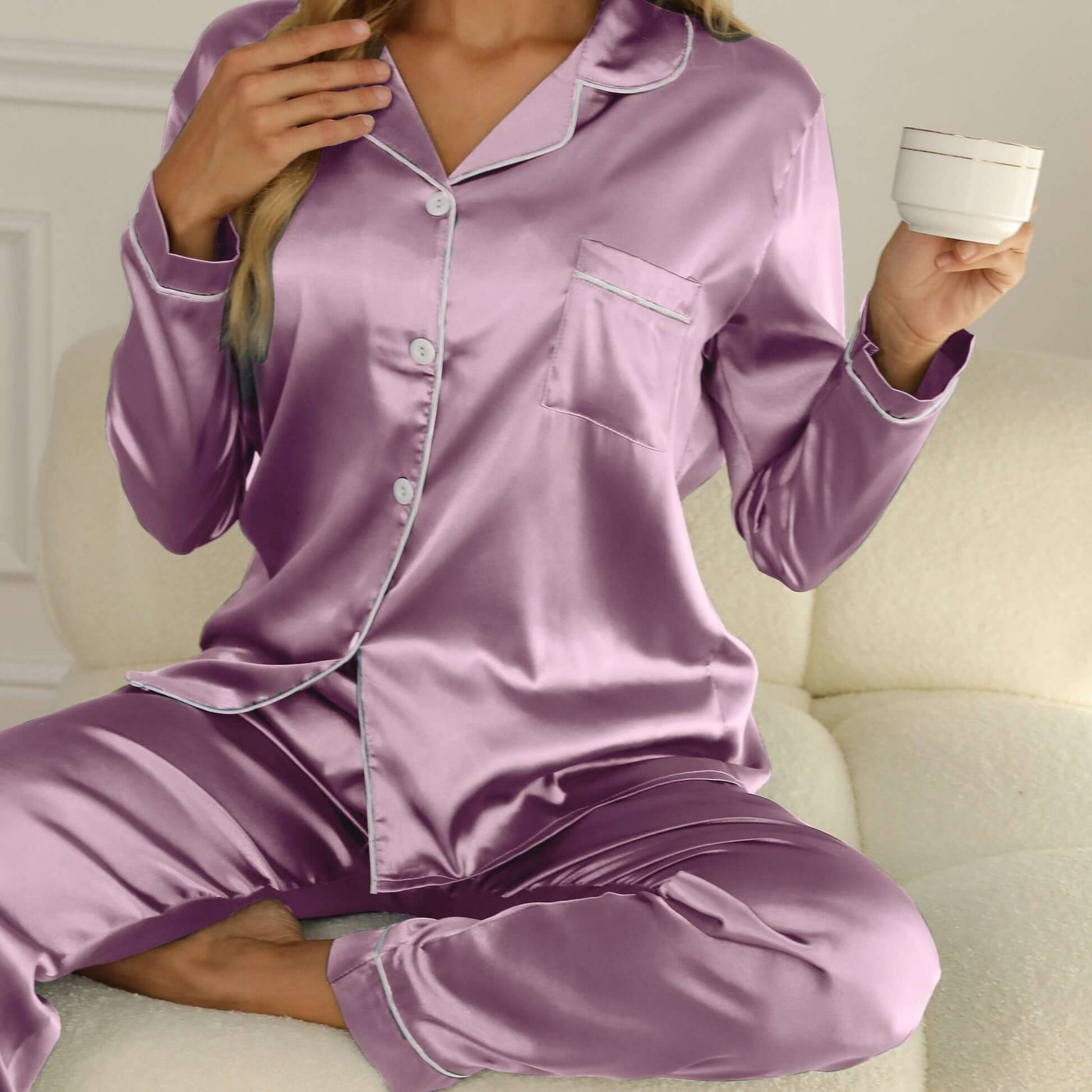 Damen Pyjama Set Mit Langarm Und Knopfleiste