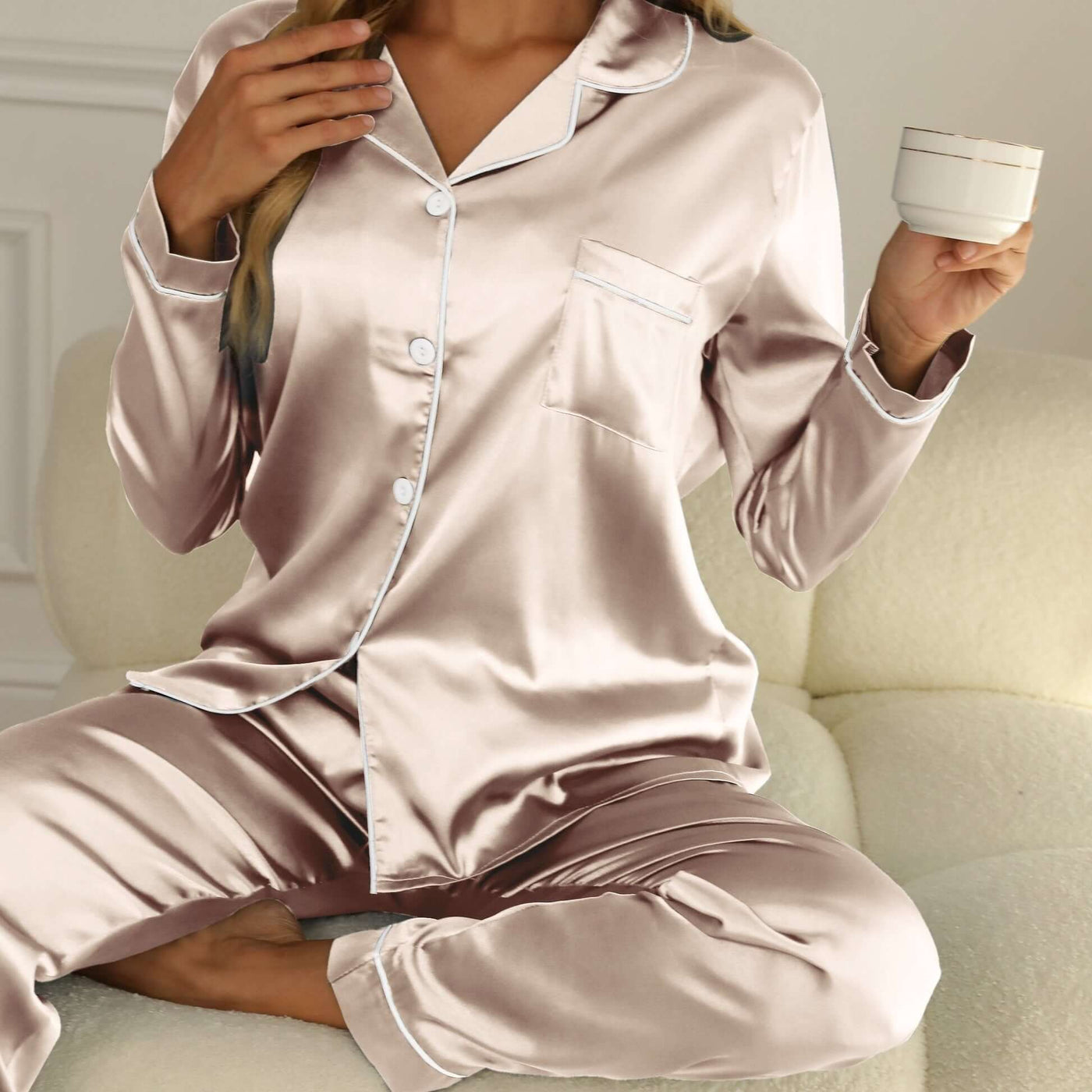 Damen Pyjama Set Mit Langarm Und Knopfleiste