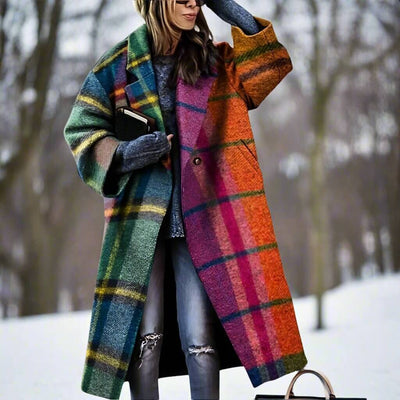 Damen Wollmantel Lang Mit Farbblock Design