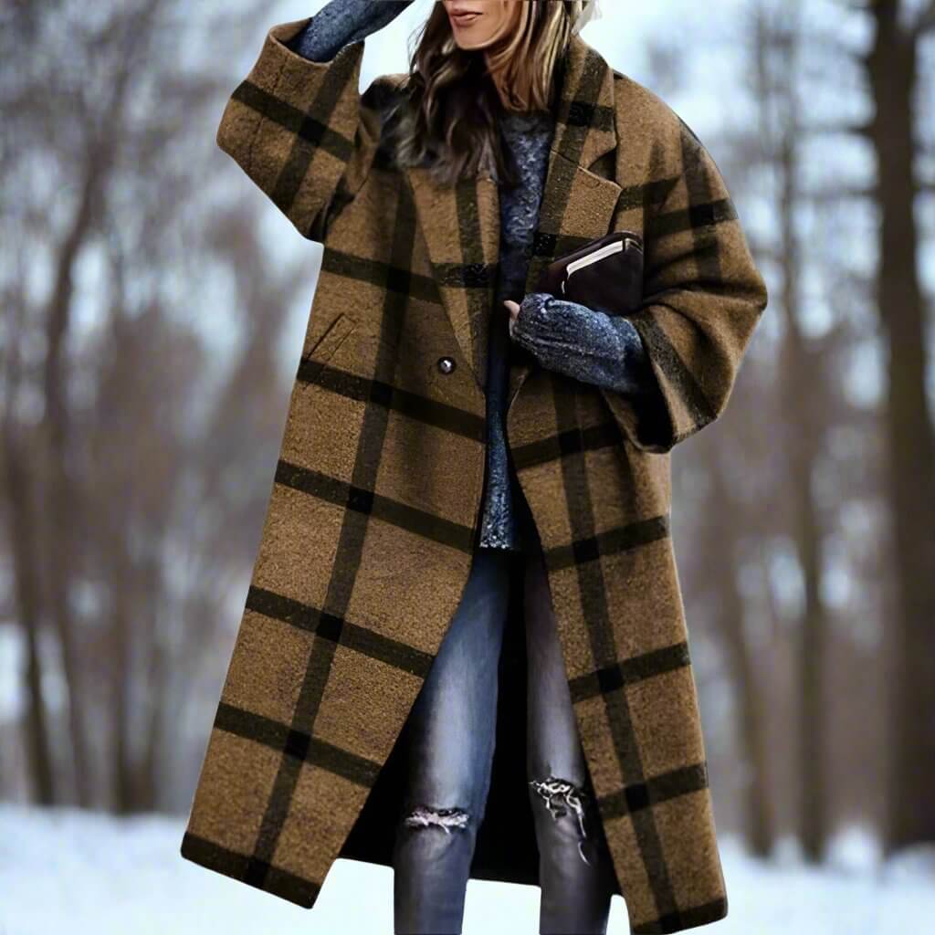 Damen Wollmantel Lang Mit Farbblock Design