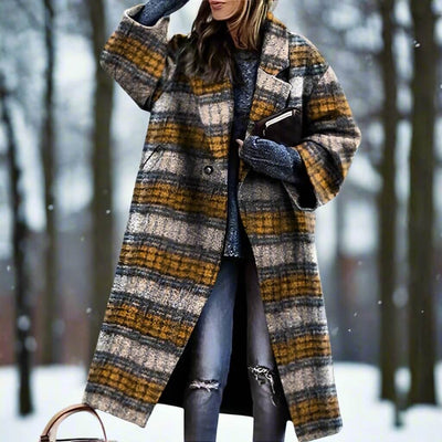 Damen Wollmantel Lang Mit Farbblock Design