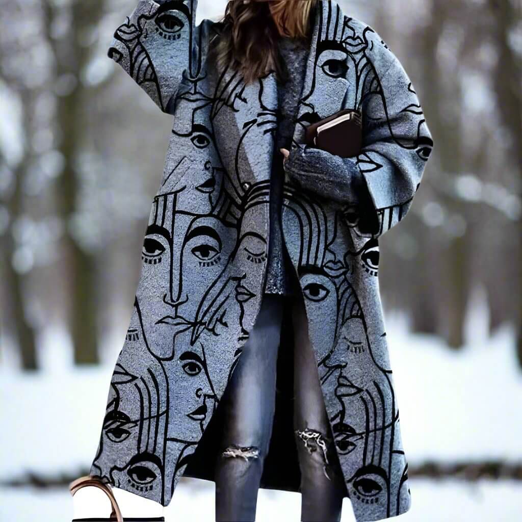 Damen Wollmantel Lang Mit Farbblock Design