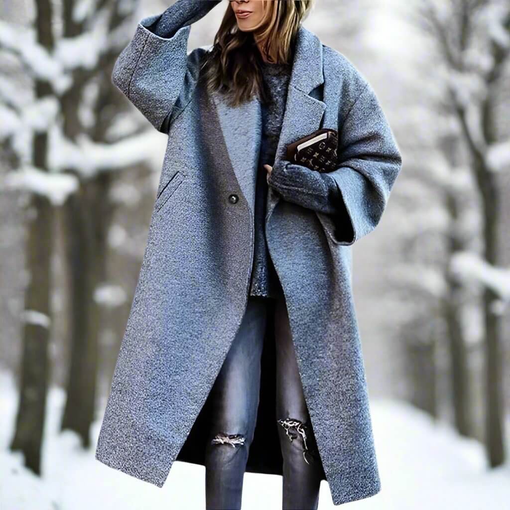 Damen Wollmantel Lang Mit Farbblock Design