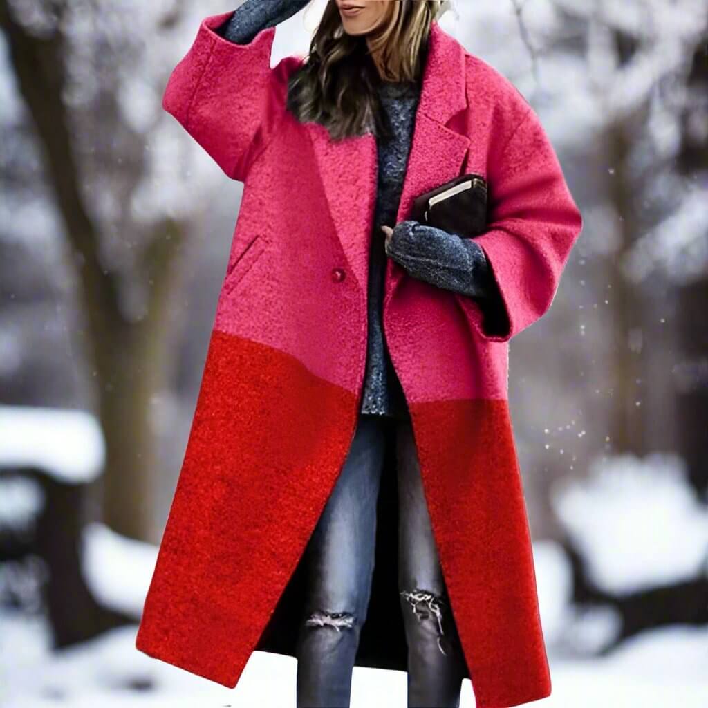 Damen Wollmantel Lang Mit Farbblock Design