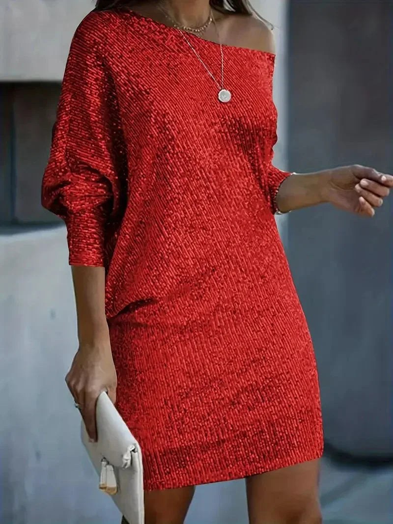 Schulterfreies Damen Midikleid mit Paillettenbesatz