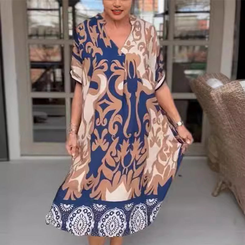 Rilana - V-Ausschnitt Und Lockeres Bedrucktes Midi Kleid