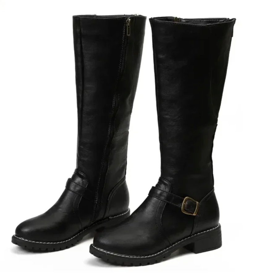 Lilli | Damen Knee High Stiefel mit Schnallen-Detail & niedrigem Blockabsatz