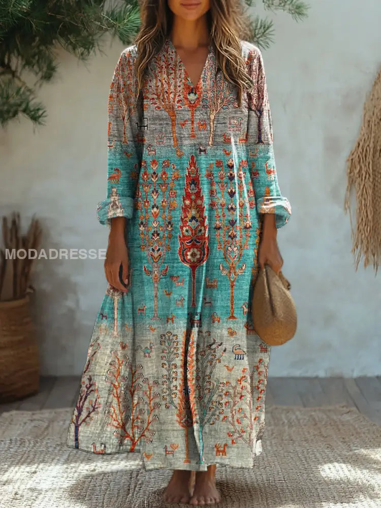 Elegantes Vintage Midi-Kleid mit Blumenmuster und V-Ausschnitt – Lässig und stilvoll mit langen Ärmeln