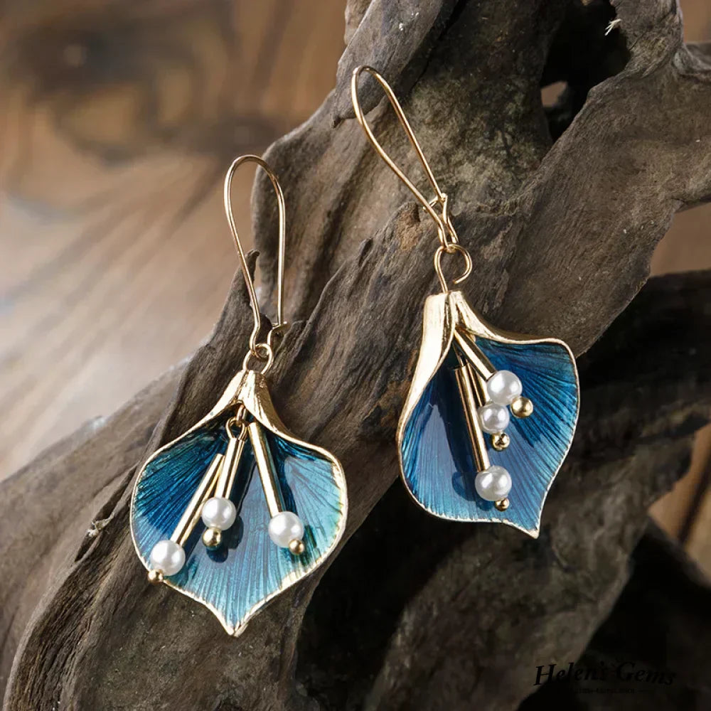 Vintage Blaue Lotus Silber Ohrringe