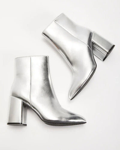 Damen Stiefeletten Metallic Look | Silber Blockabsatz